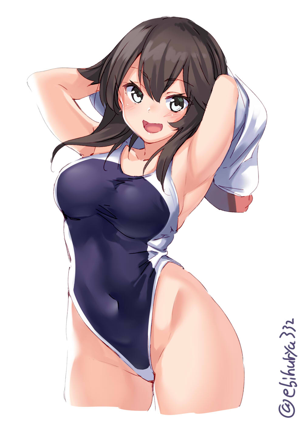 1girl alternate_costume armpits arms_up black_hair breasts collarbone competition_swimsuit covered_navel cowboy_shot ebifurya grey_eyes hair_between_eyes hair_over_shoulder hayasui_(kantai_collection) highleg highleg_swimsuit highres impossible_clothes impossible_swimsuit jacket kantai_collection large_breasts looking_at_viewer one-piece_swimsuit short_hair sidelocks solo swimsuit thighs track_jacket white_background