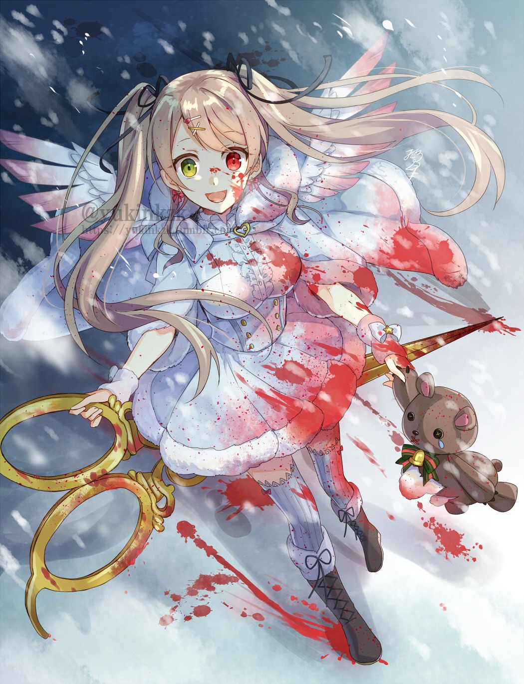 1girl :d bangs black_ribbon blood blood_on_face boots bow bow_earrings breasts brown_footwear brown_hair capelet center_frills christmas commentary_request eyebrows_visible_through_hair frills full_body fur-trimmed_boots fur-trimmed_capelet fur-trimmed_skirt fur_trim green_eyes hair_ornament hair_ribbon hairclip heart heart_hair_ornament heterochromia highres holding holding_scissors holding_stuffed_animal long_hair medium_breasts nekozuki_yuki open_mouth original pleated_skirt red_bow red_eyes ribbon scissors shirt skirt smile snowing solo standing star striped striped_legwear stuffed_animal stuffed_toy teddy_bear thigh-highs twintails twitter_username vertical-striped_legwear vertical_stripes very_long_hair watermark web_address white_bow white_capelet white_legwear white_shirt white_skirt white_wings wings x_hair_ornament