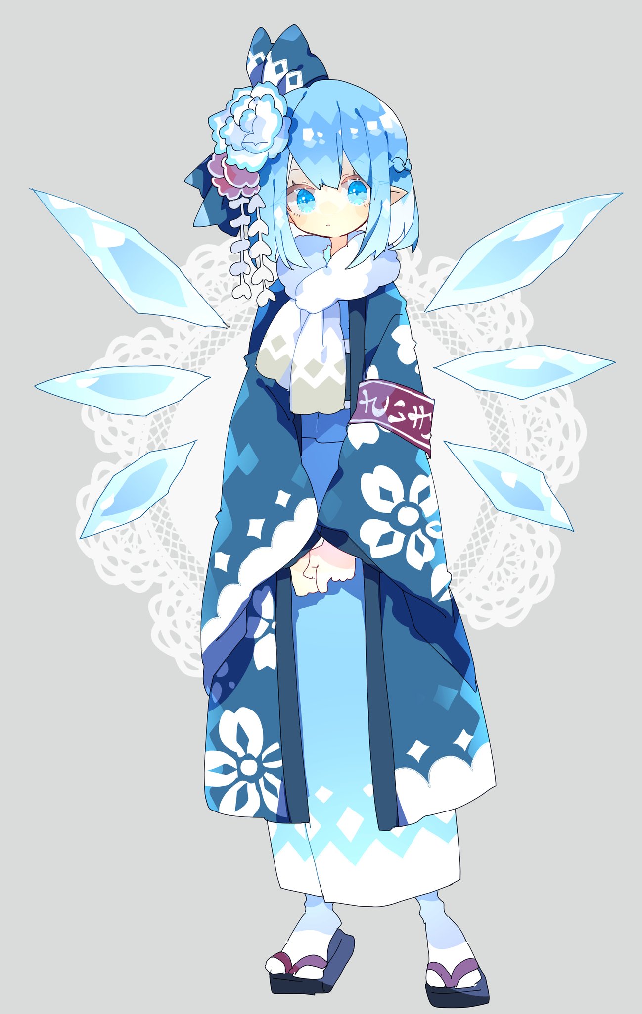 1girl alternate_costume armband blue_eyes blue_hair blue_kimono cirno closed_mouth flower full_body hair_flower hair_ornament highres ice ice_wings japanese_clothes kimono long_sleeves looking_at_viewer nikorashi-ka obi pointy_ears sash scarf short_hair solo standing tabi touhou wide_sleeves wings zouri