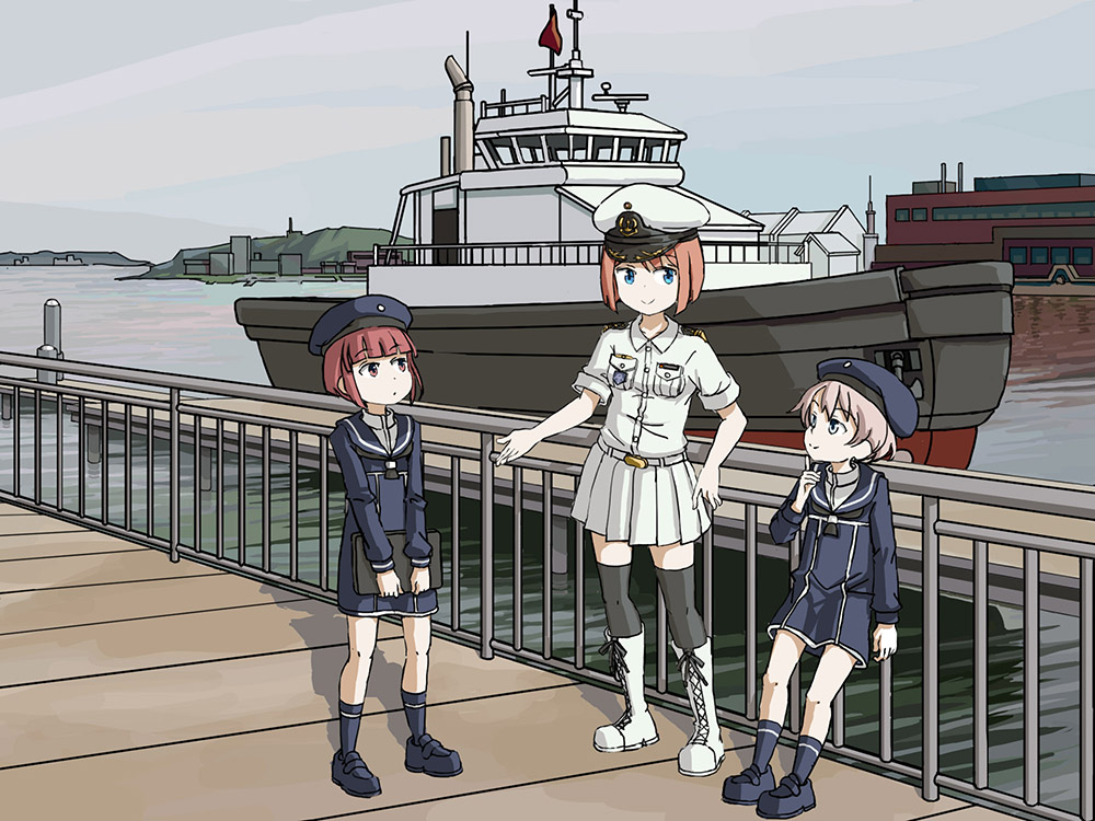 3girls adrian_ferrer black_legwear blue_dress blue_eyes boat book boots brown_eyes brown_hair character_request commentary cross-laced_footwear dock dress english_commentary full_body hat kantai_collection lace-up_boots military military_uniform multiple_girls naval_uniform pier pleated_skirt redhead sailor_collar sailor_dress sailor_hat short_dress short_hair silver_hair skirt socks standing thigh-highs uniform watercraft white_footwear white_skirt z1_leberecht_maass_(kantai_collection) z3_max_schultz_(kantai_collection)