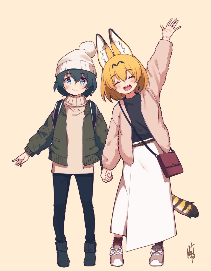 2girls alternate_costume animal_ears backpack bag beanie black_hair black_pants black_shirt blonde_hair blue_eyes blush brown_hair casual closed_eyes commentary_request eyebrows_visible_through_hair full_body green_jacket handbag hat hatagaya holding_hands jacket kaban_(kemono_friends) kemono_friends long_skirt multicolored_hair multiple_girls pants pink_jacket serval_(kemono_friends) serval_ears serval_girl serval_tail shirt short_hair skirt sweater tail waving white_skirt white_sweater winter_clothes