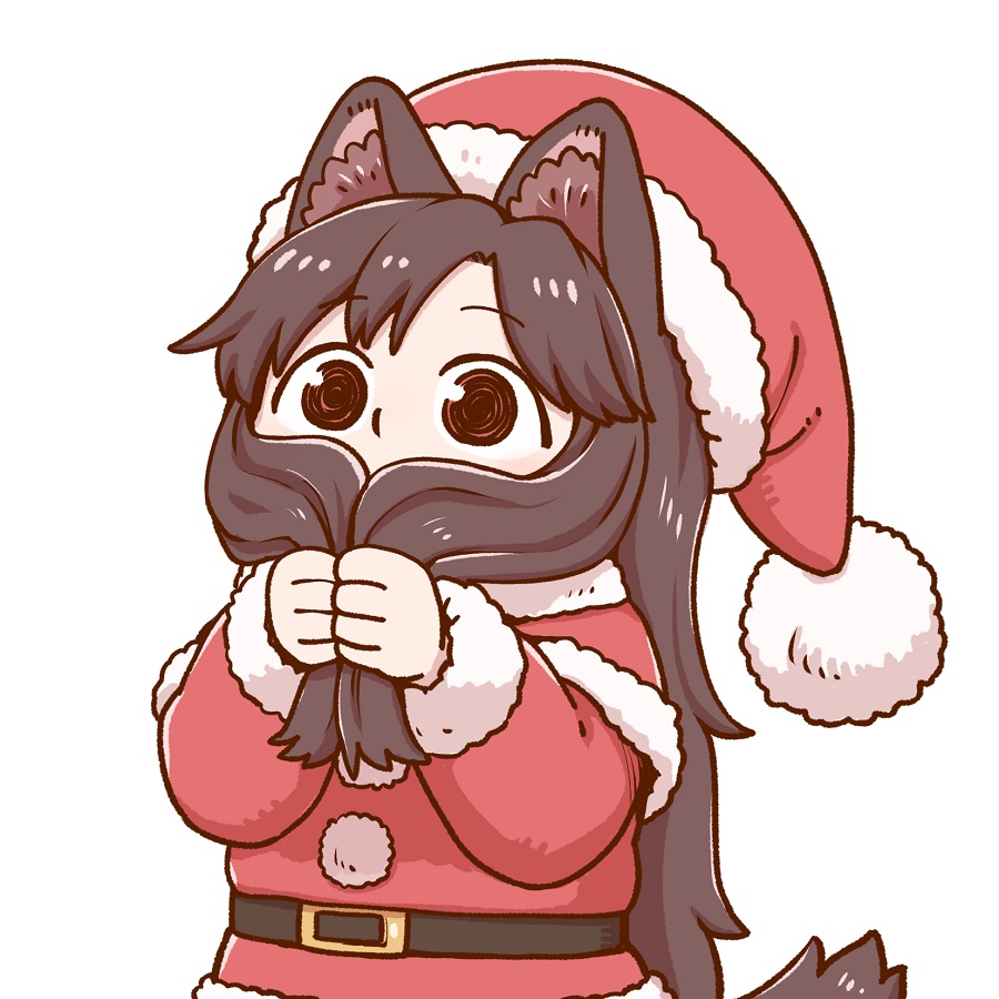 1girl animal_ear_fluff animal_ears beard belt belt_buckle brown_eyes brown_hair buckle capelet clenched_hands commentary eyebrows_visible_through_hair facial_hair fake_facial_hair fur_trim hat imaizumi_kagerou jacket long_hair long_sleeves pom_pom_(clothes) poronegi santa_costume santa_hat simple_background solo tail touhou upper_body white_background wide-eyed wolf_ears wolf_tail