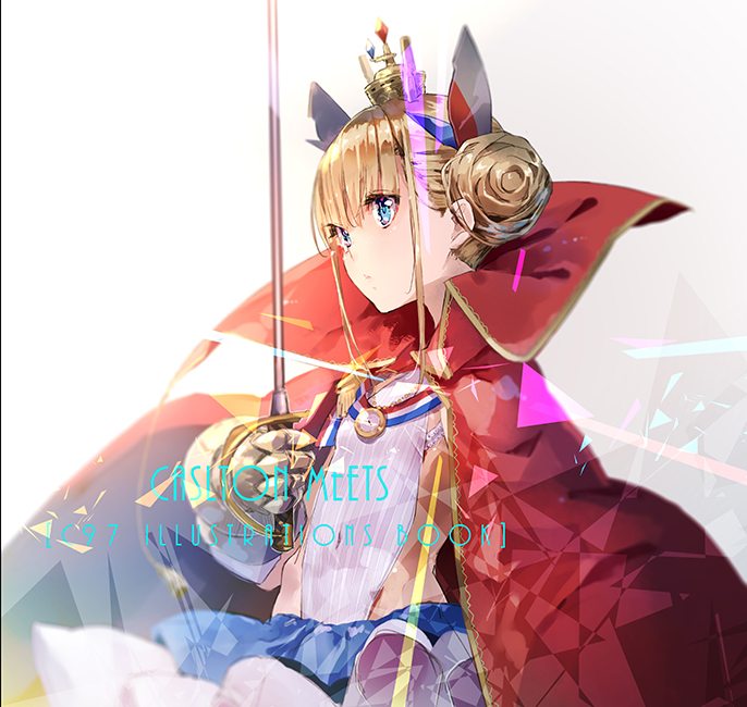 azur_lane bangs blonde_hair blue_eyes breasts cape crown double_bun epaulettes from_side gauntlets hair_ornament le_triomphant_(azur_lane) small_breasts solo striped striped_legwear sword weapon yuugen