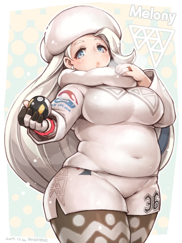 1girl covered_navel fur_hat gloves gym_leader hat holding holding_poke_ball jewelry legwear_under_shorts long_hair looking_at_viewer melon_(pokemon) o3o pantyhose plump poke_ball pokemon pokemon_(game) pokemon_swsh ring shigatake shorts silver_hair single_glove solo sweater ultra_ball ushanka very_long_hair wedding_band white_earrings white_sweater