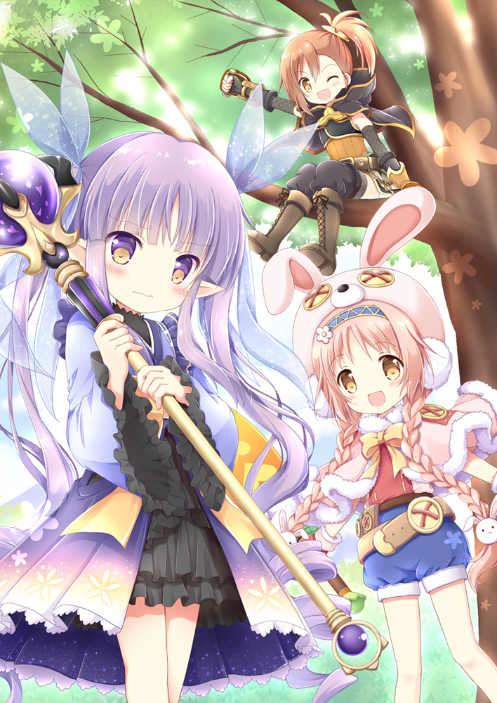 3girls :d ;d akane_mimi animal_ears animal_hat backlighting bangs belt black_cape black_gloves blue_kimono blue_ribbon blue_shorts blunt_bangs blurry blurry_background blush boots braid brown_belt brown_eyes brown_footwear brown_hair bunny_hair_ornament bunny_hat cape capelet closed_mouth commentary_request cross-laced_footwear depth_of_field earmuffs eyebrows_visible_through_hair fake_animal_ears fingerless_gloves fur-trimmed_capelet fur_trim gloves hair_ornament hair_ribbon hat hikawa_kyoka hodaka_misogi holding holding_staff hood hood_down hooded_cape in_tree japanese_clothes kimono knee_boots lace-up_boots long_hair long_sleeves looking_at_viewer low_twintails multiple_girls nanase_miori one_eye_closed open_mouth orange_shirt orb outstretched_arm pink_capelet pink_hair pink_headwear princess_connect! princess_connect!_re:dive purple_hair rabbit_ears red_shirt ribbon shirt shoe_soles short_shorts shorts side_ponytail sitting smile staff standing transparent tree twin_braids twintails vambraces very_long_hair violet_eyes wavy_mouth wide_sleeves