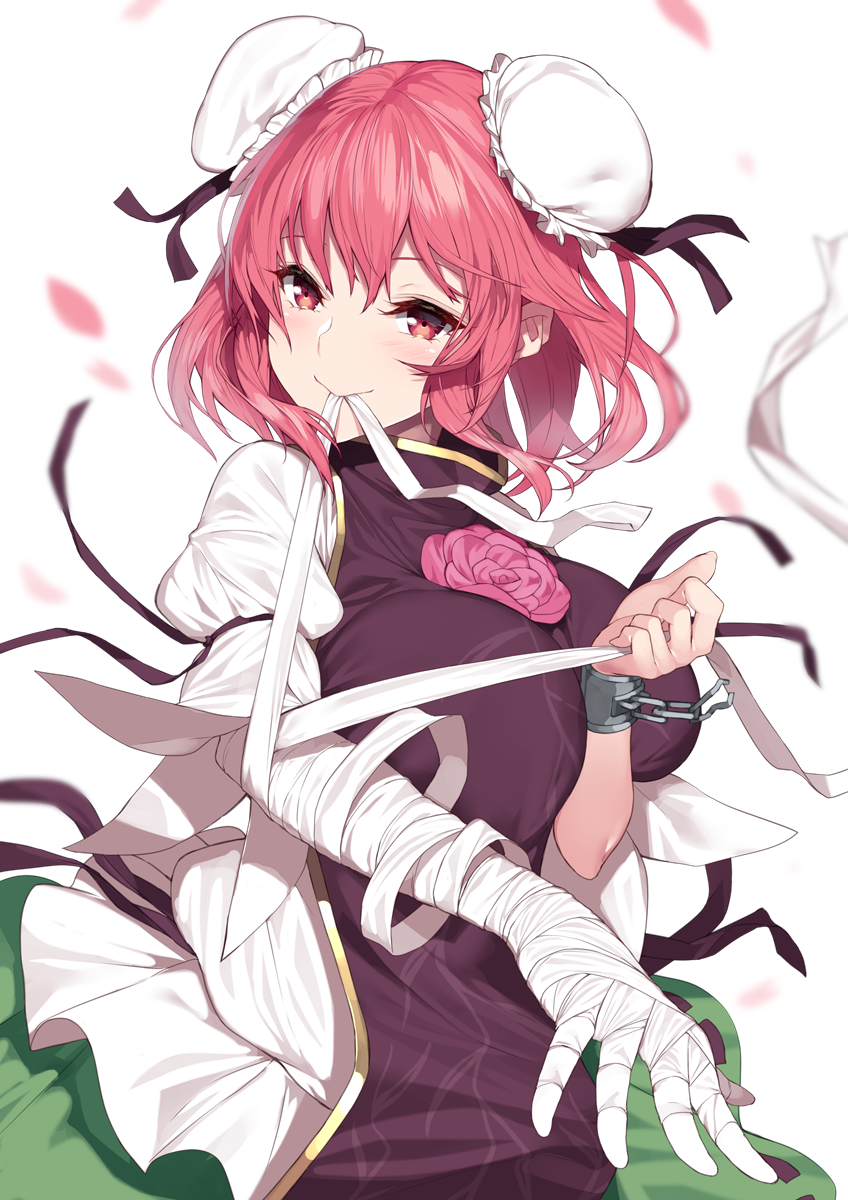 1girl bandaged_arm bandages blurry blurry_background bun_cover chain chinese_clothes cuffs double_bun flower highres ibaraki_kasen looking_at_viewer mouth_hold petals pink_flower pink_hair pink_rose red_eyes rose shackles short_hair simple_background tabard touhou upper_body yappen