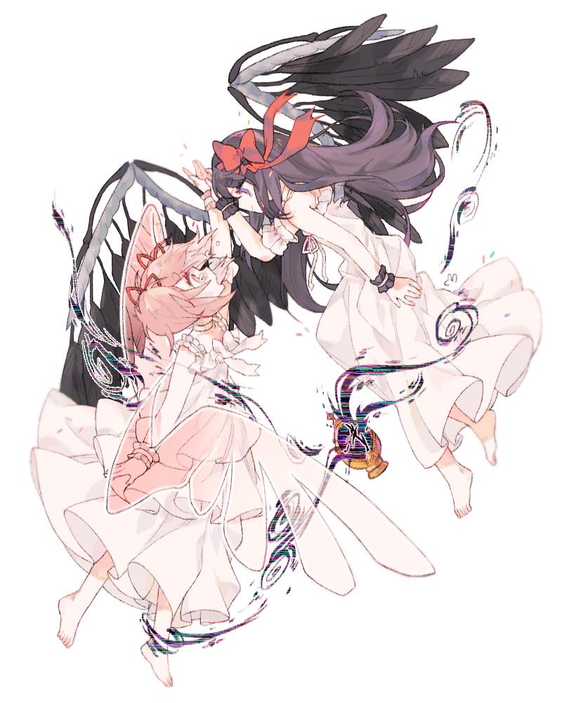 2girls akemi_homura akuma_homura arm_at_side barefoot black_hair black_wings choker commentary_request corruption crying crying_with_eyes_open dress expressionless eyebrows_visible_through_hair falling feathered_wings flat_chest floating_hair frilled_dress frills full_body goddess_madoka hair_ribbon hands_together kaname_madoka korean_commentary long_dress long_hair looking_at_another looking_down looking_up mahou_shoujo_madoka_magica mahou_shoujo_madoka_magica_movie multicolored multiple_girls open_mouth pink_hair pink_scrunchie profile red_ribbon ribbon scrunchie see-through short_twintails sleeveless sleeveless_dress smile soul_gem tears transparent_wings twintails u_emper violet_eyes white_choker white_dress white_neckwear white_ribbon wide-eyed wings