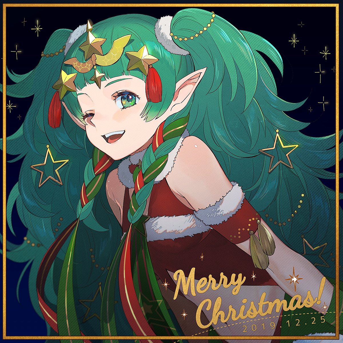 1girl braid dated fire_emblem fire_emblem:_three_houses fire_emblem_heroes fur_trim green_eyes green_hair hair_ornament highres kyufe merry_christmas one_eye_closed open_mouth pointy_ears solo sothis_(fire_emblem) tiara twin_braids upper_body