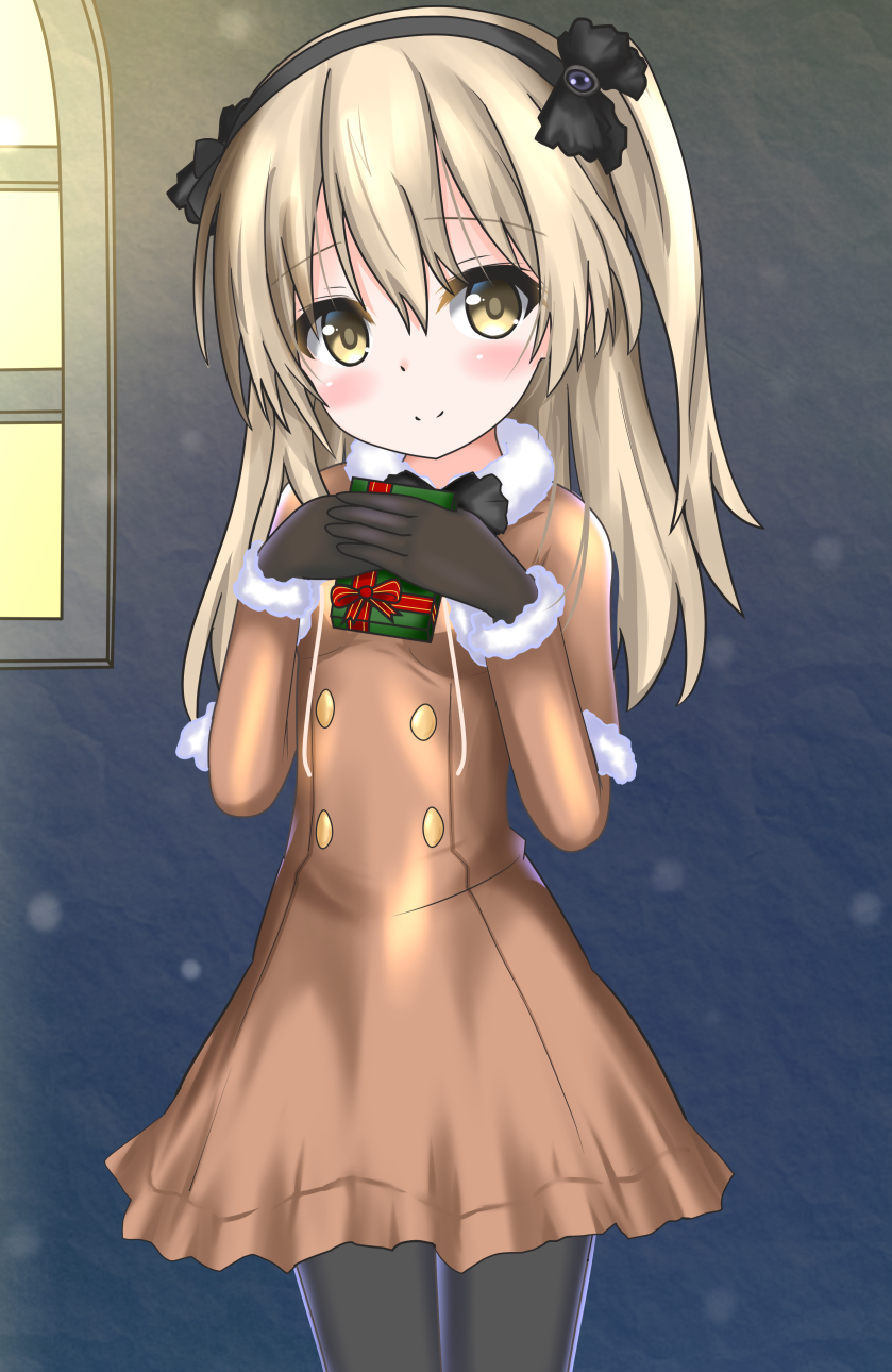 1girl bangs black_border black_gloves black_ribbon border bow brown_dress christmas closed_mouth cowboy_shot dress eyebrows_visible_through_hair fur-trimmed_dress gift girls_und_panzer gloves hair_bow hair_ribbon highres holding holding_gift langley1000 light_brown_eyes light_brown_hair long_hair long_sleeves looking_at_viewer one_side_up outdoors ribbon shimada_arisu short_dress smile solo standing window