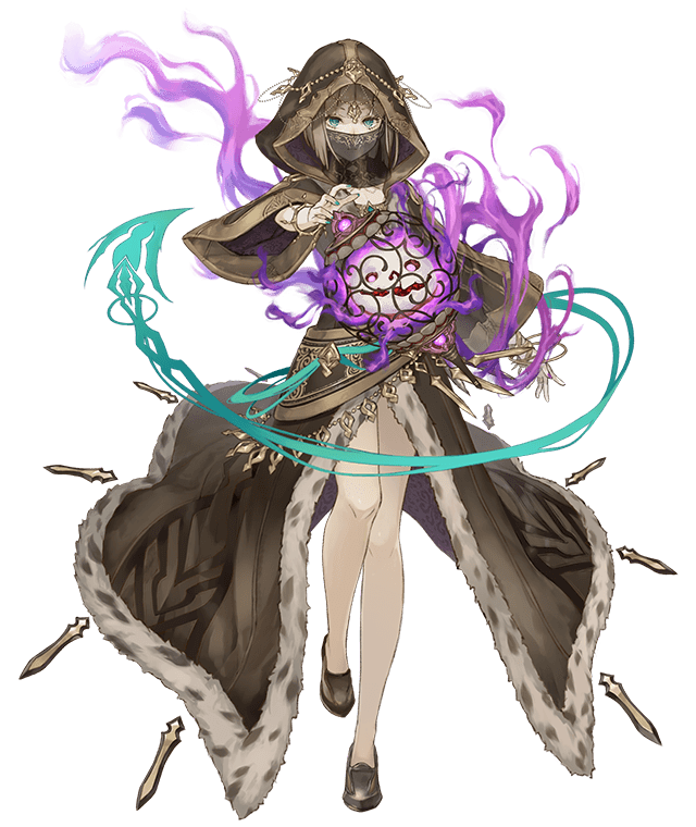 1girl aqua_eyes birdcage bracelet brown_hair cage full_body fur_trim gretel_(sinoalice) hansel_(sinoalice) hood hood_up hooded_robe jewelry ji_no looking_at_viewer nail_polish official_art robe see-through short_hair sinoalice solo transparent_background veil wide_sleeves