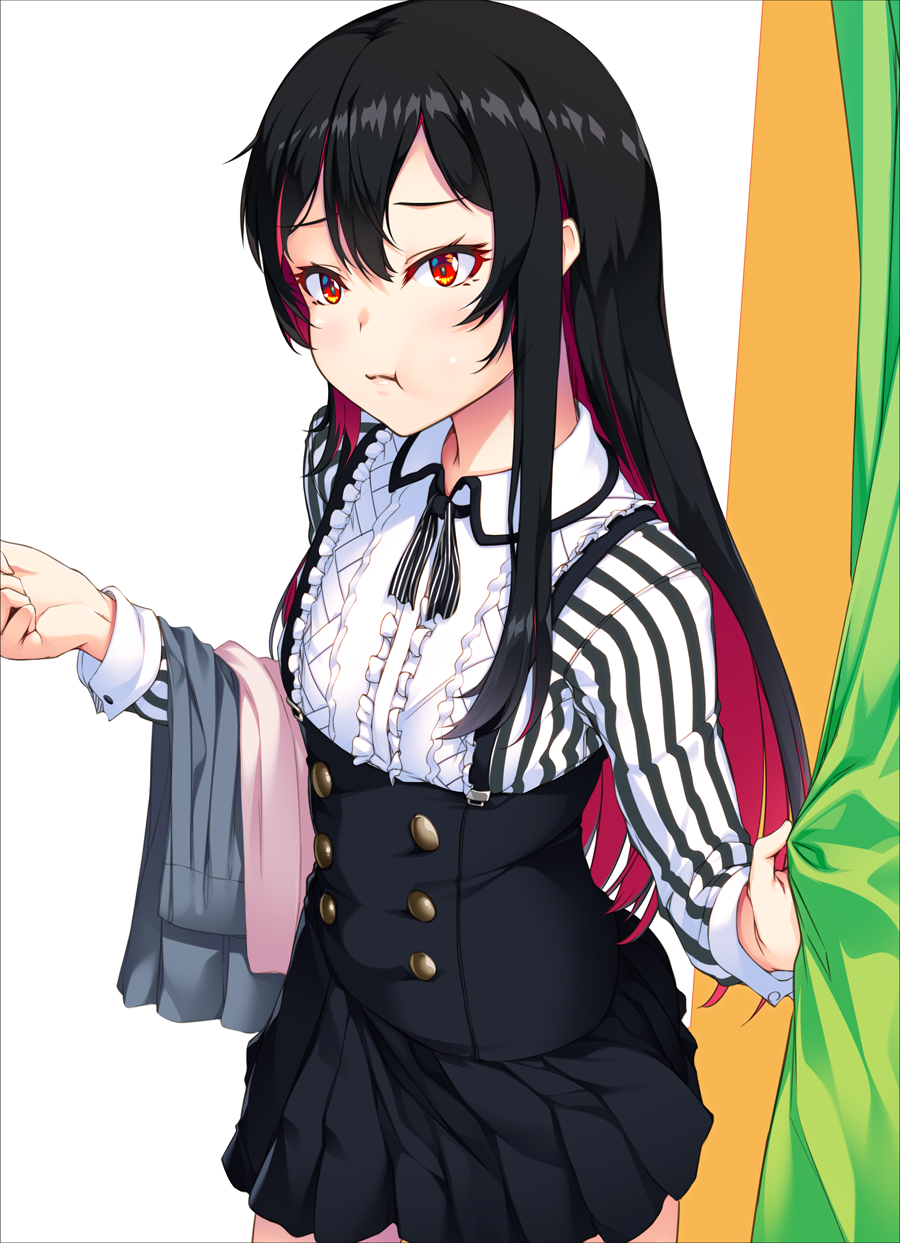 1girl arata bangs black_hair black_ribbon black_skirt center_frills changing_room collared_shirt colored_inner_hair frilled_shirt frills genderswap genderswap_(mtf) hair_between_eyes high-waist_skirt highres holding long_hair long_sleeves looking_at_viewer multicolored_hair pleated_skirt pout purple_hair red_eyes ren_(witch's_weapon) ribbon shirt skirt solo striped striped_shirt suspender_skirt suspenders two-tone_hair vertical-striped_shirt vertical_stripes very_long_hair witch's_weapon