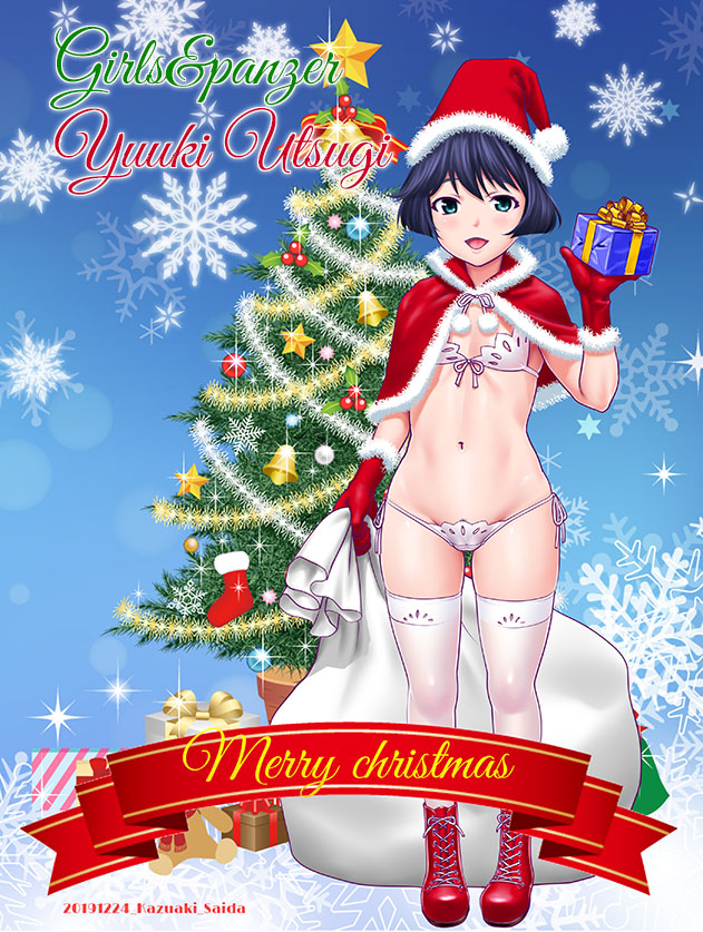 1girl artist_name bikini black_eyes black_hair boots breasts capelet character_name christmas christmas_tree commentary_request copyright_name cross-laced_footwear cursive dated english_text front-tie_bikini front-tie_top fur-trimmed_capelet fur-trimmed_gloves fur_trim gift girls_und_panzer gloves hat holding holding_gift holding_sack lace-up_boots looking_at_viewer merry_christmas navel open_mouth oversized_object partial_commentary red_capelet red_footwear red_gloves red_headwear sack saida_kazuaki santa_hat short_hair side-tie_bikini small_breasts smile snowflakes solo sparkle standing string_bikini swimsuit thigh-highs utsugi_yuuki white_bikini white_legwear