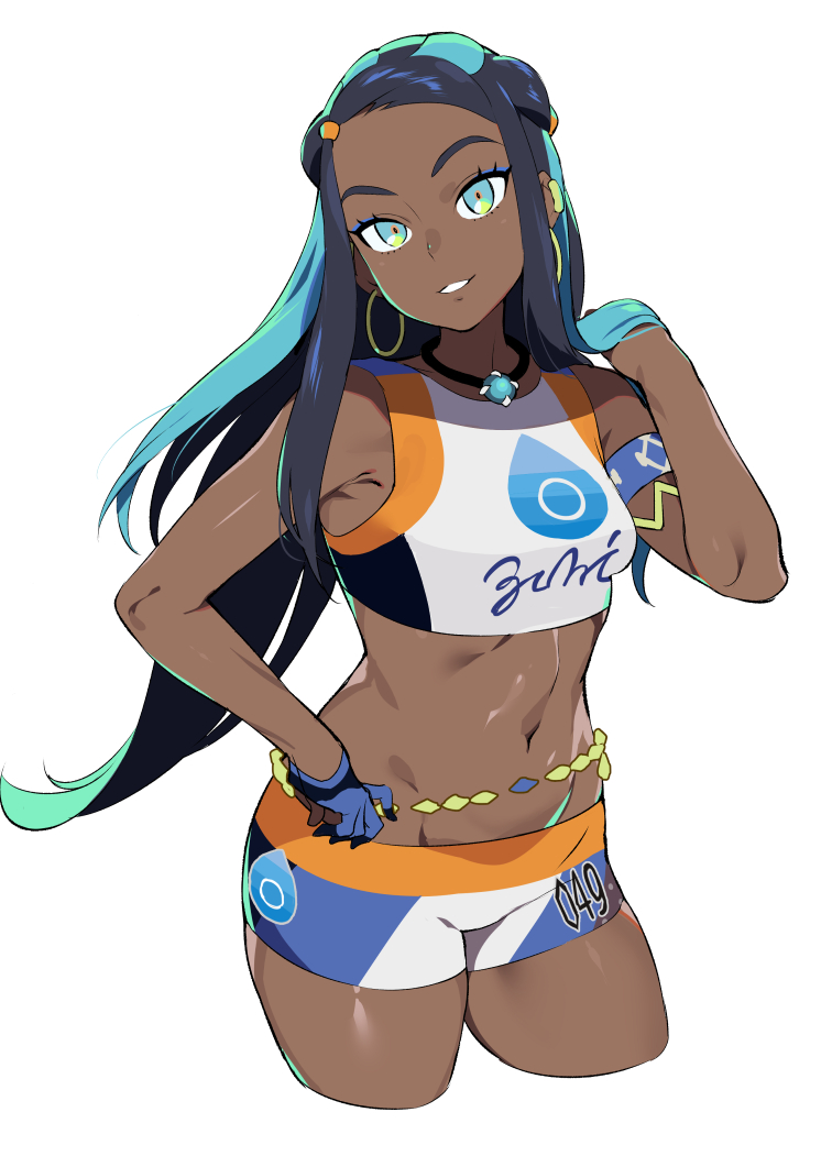 1girl armlet blue_eyes blue_eyeshadow blue_hair breasts cropped_legs dark_skin earrings eyelashes eyeshadow gloves gym_leader hoop_earrings iku_(ikuchan_kaoru) jewelry long_hair makeup midriff multicolored_hair navel partly_fingerless_gloves pokemon pokemon_(game) pokemon_swsh rurina_(pokemon) shorts simple_background single_glove solo swimsuit tankini two-tone_hair white_background