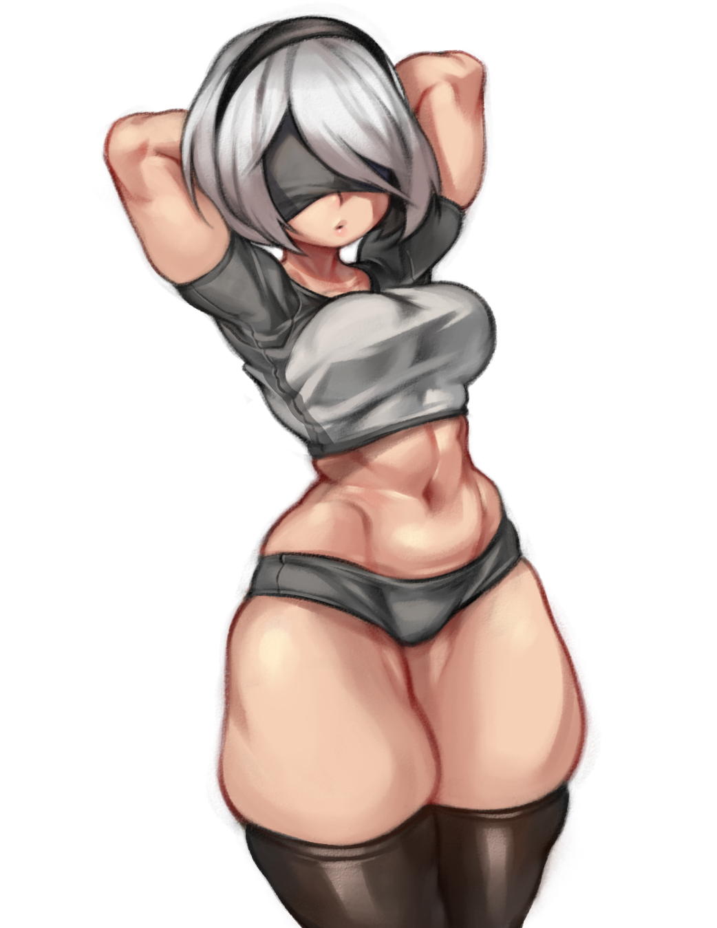 1girl arms_behind_head arms_up black_blindfold black_hairband black_legwear blindfold casual covered_eyes crop_top hairband highres kelvin_hiu micro_shorts navel nier_(series) nier_automata no_mole short_hair shorts silver_hair skindentation solo stomach thick_thighs thigh-highs thighs wide_hips yorha_no._2_type_b