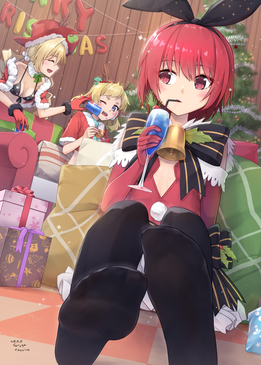 3girls alternate_costume alternate_hairstyle antlers bell bell_collar bikini blonde_hair blue_eyes christmas christmas_gift christmas_ornaments christmas_tree closed_eyes cocktail cocktail_glass collar colt_m1873_(girls_frontline) commentary_request cowboy_hat cup dorothy_haze drinking_glass drinking_straw english_text fork girls_frontline hat highres merry_christmas multiple_girls one_eye_closed ots-44_(girls_frontline) pepsi red_eyes redhead reindeer_antlers santa_costume sarasa_(kanbi) swimsuit tin_can va-11_hall-a wooden_wall
