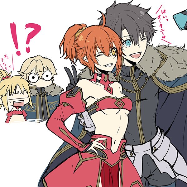 !? 2boys 2girls ahoge anger_vein artist_request bangs bare_shoulders black_hair blonde_hair blue_eyes cloak cosplay fate/apocrypha fate/extra fate/grand_order fate_(series) fujimaru_ritsuka_(female) fujimaru_ritsuka_(male) gawain_(fate/extra) gawain_(fate/extra)_(cosplay) hidden_eyes mordred_(fate) mordred_(fate)_(all) mordred_(fate)_(cosplay) multiple_boys multiple_girls navel one_eye_closed orange_eyes orange_hair ponytail scrunchie short_hair smile translation_request wide-eyed