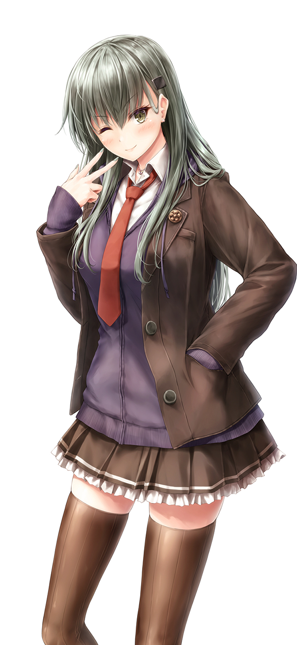 1girl blush breasts brown_legwear closed_mouth green_eyes green_hair hair_ornament hairclip highres jacket kantai_collection large_breasts long_hair long_sleeves looking_at_viewer one_eye_closed pleated_skirt school_uniform shirt skirt smile solo suien suzuya_(kantai_collection) thigh-highs vest
