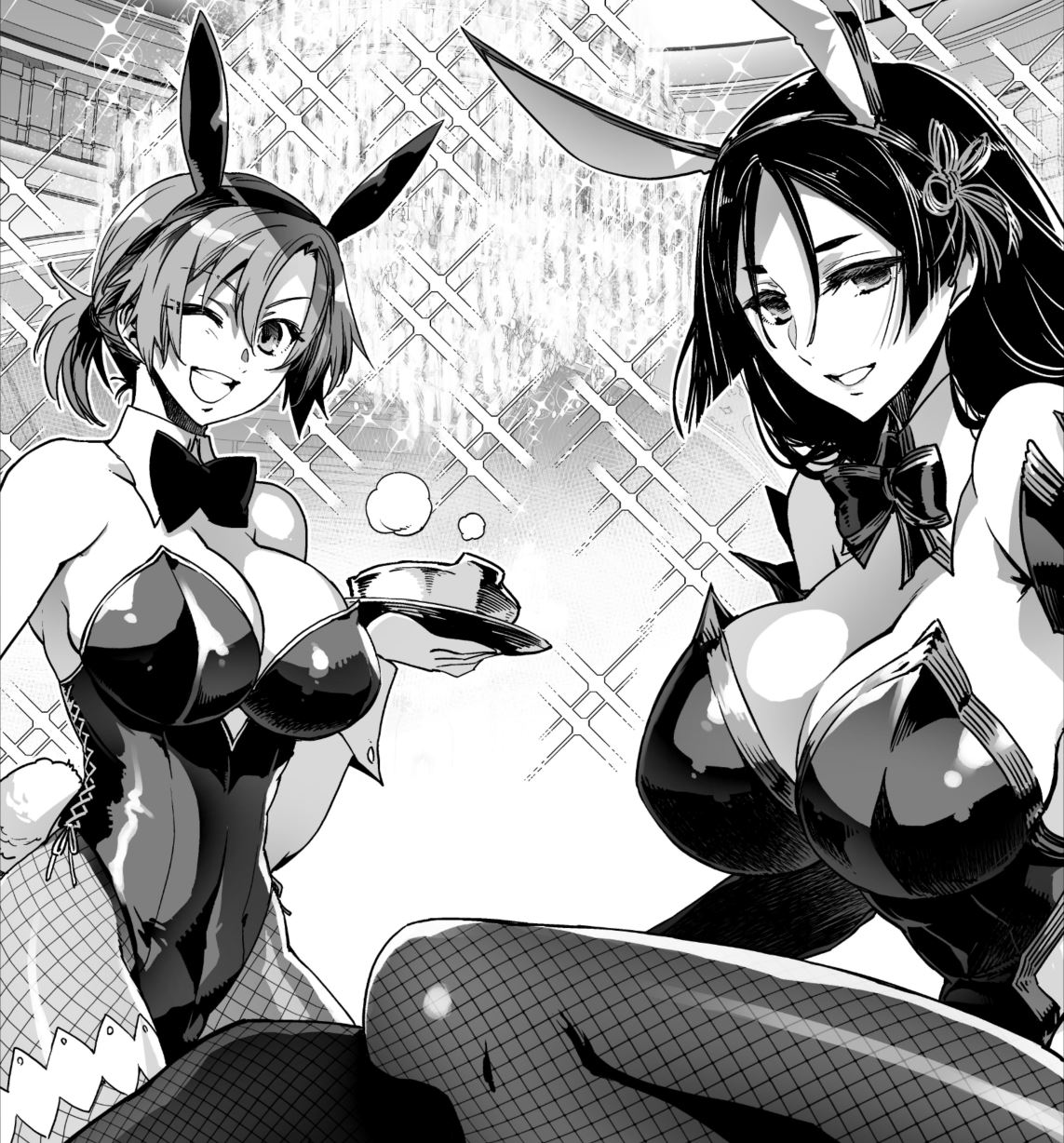 2girls animal_ears boudica_(fate/grand_order) breasts bunny_tail bunnysuit detached_collar fate/grand_order fate_(series) greyscale highres ishida_akira large_breasts minamoto_no_raikou_(fate/grand_order) monochrome multiple_girls one_eye_closed pantyhose rabbit_ears tail tray wrist_cuffs