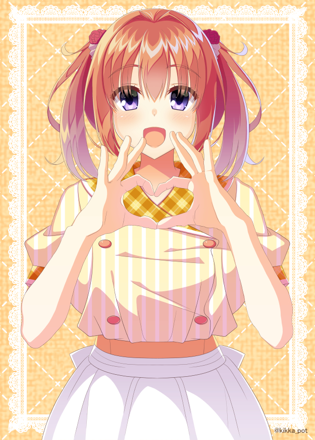 1girl :d brown_hair cafe_stella_to_shinigami_no_chou character_request heart heart_hands kikka_pot medium_hair open_mouth orange_background plaid short_twintails simple_background skirt smile solo standing sumizome_nozomi twintails twitter_username upper_body violet_eyes white_skirt