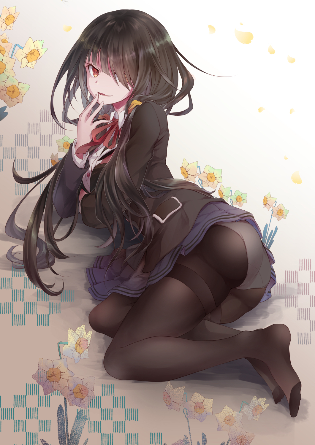 1girl :d arm_under_breasts ass black_hair black_jacket black_legwear blazer blue_skirt breasts commentary_request date_a_live fingers_to_mouth flower full_body hair_over_one_eye heterochromia highres jacket legs long_hair looking_at_viewer lying medium_breasts no_shoes on_side open_mouth panties panties_under_pantyhose pantyhose pleated_skirt red_eyes school_uniform shirt skirt smile solo thighs tokisaki_kurumi twintails underwear upskirt very_long_hair white_panties white_shirt yellow_eyes yue_(pixiv2547)