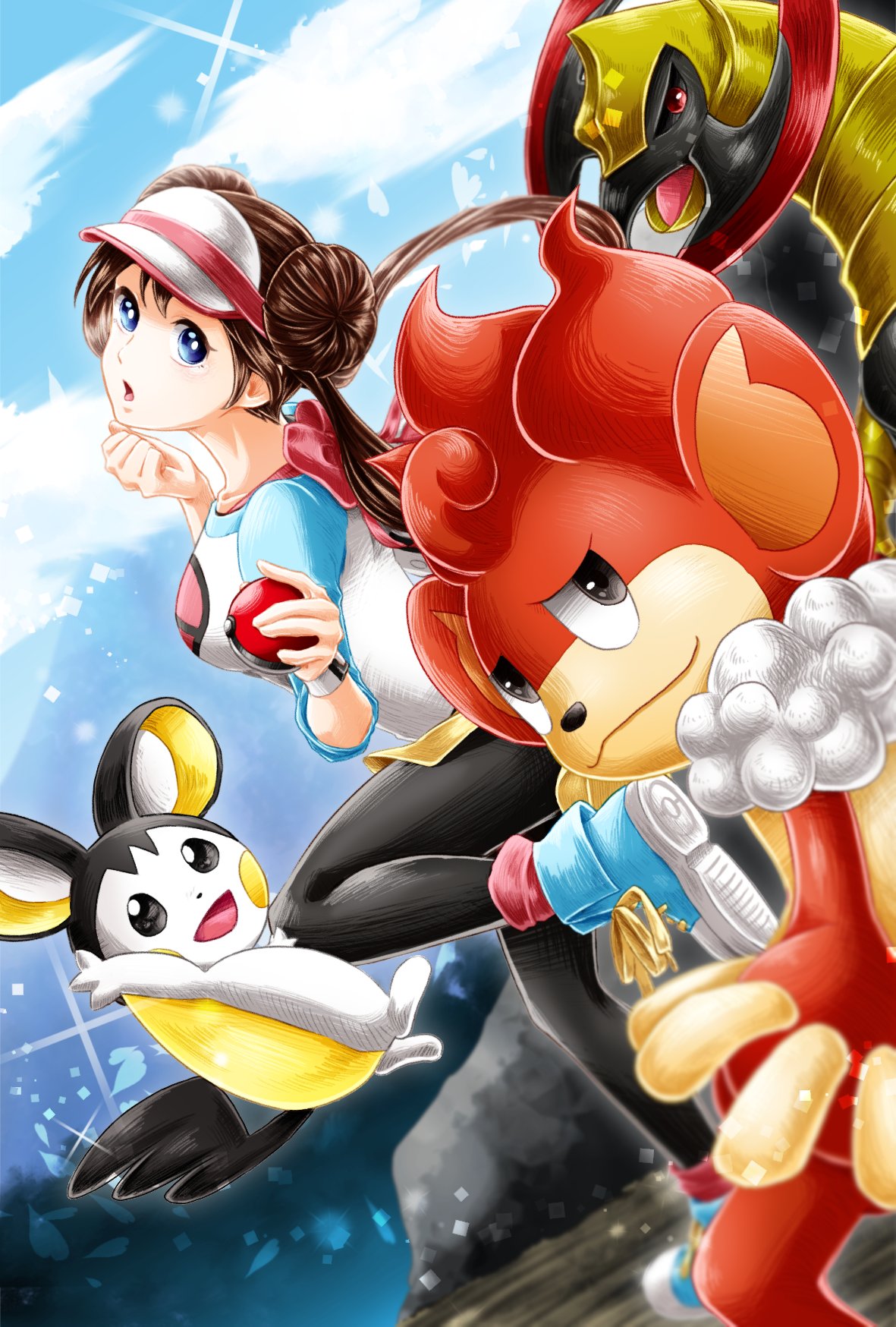 1girl black_eyes black_legwear blue_eyes blue_footwear blurry bow breasts brown_hair clenched_hand clouds collarbone commentary_request day double_bun emolga gen_5_pokemon glint haxorus head_tilt highres holding holding_poke_ball large_breasts legwear_under_shorts long_hair looking_at_viewer looking_back mei_(pokemon) open_mouth pantyhose petals pink_bow poke_ball poke_ball_(generic) poke_ball_print pokemon pokemon_(creature) pokemon_(game) pokemon_bw2 raglan_sleeves red_eyes shoes short_shorts shorts simisear sky sneakers standing standing_on_one_leg twintails very_long_hair visor_cap watch watch yellow_shorts yukitsugu_create