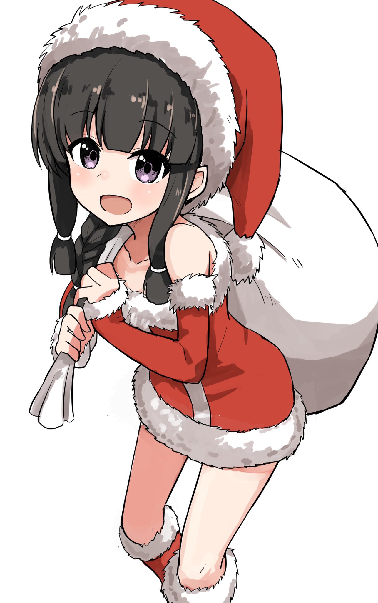 1girl alternate_costume bangs black_hair blunt_bangs boots braid dress elbow_gloves feet_out_of_frame full_body fur-trimmed_boots fur-trimmed_dress fur_trim gloves hair_over_shoulder hat highres kantai_collection kitakami_(kantai_collection) long_hair looking_at_viewer okitsugu perspective red_footwear red_gloves red_headwear sack santa_hat sidelocks simple_background single_braid smile solo strapless strapless_dress white_background