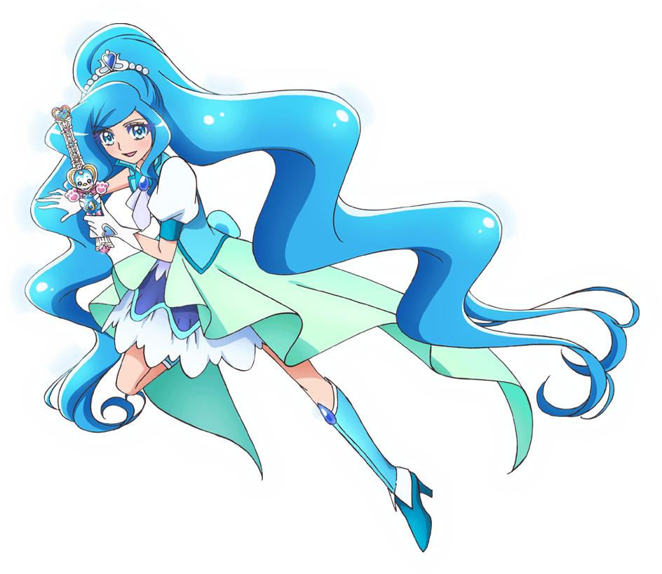 1girl artist_request blue_eyes blue_footwear blue_hair blue_skirt blue_vest boots cure_fontaine full_body gloves hair_ornament healin'_good_precure holding holding_wand knee_boots long_hair looking_at_viewer magical_girl official_art open_mouth ponytail precure puffy_sleeves sawaizumi_chiyu shiny shiny_hair skirt smile solo twintails vest wand white_gloves