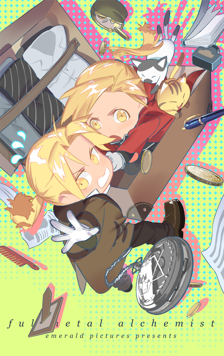 2boys alphonse_elric animal asymmetrical_bangs bangs black_pants blonde_hair blush book braid brown_coat brown_footwear cat chibi coat coin comb edward_elric full_body fullmetal_alchemist gloves highres holding_hand holy_pumpkin long_hair long_sleeves looking_at_another looking_at_viewer looking_back male_focus money multiple_boys newspaper open_mouth pants paper parted_bangs pen ponytail shoes suitcase wallet white_gloves yellow_eyes