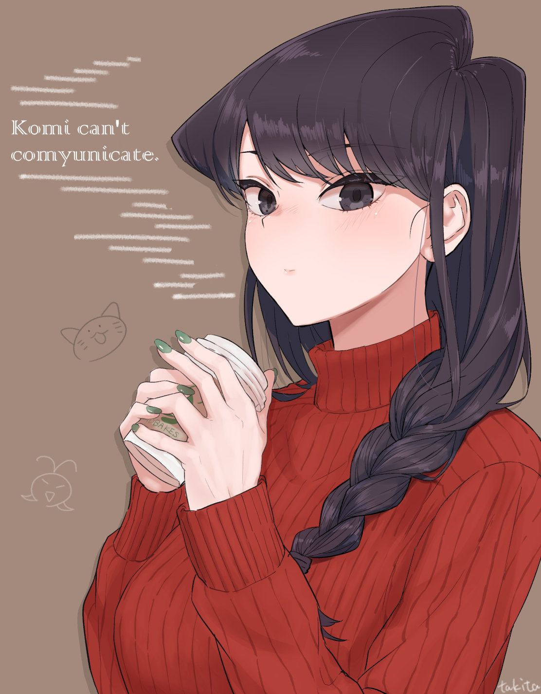 1girl artist_name asymmetrical_hair bangs black_eyes black_hair blush braided_ponytail breasts brown_background coffee_cup commentary_request copyright_name cup disposable_cup eyebrows_visible_through_hair eyelashes green_nails highres holding holding_cup komi-san_wa_komyushou_desu komi_shouko looking_at_viewer low_tied_hair medium_breasts nail_polish red_sweater ribbed_sweater shiny shiny_hair simple_background solo sweater swept_bangs takita_(takita3411) turtleneck turtleneck_sweater upper_body