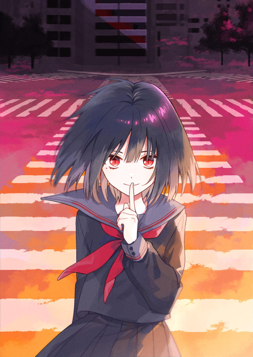 1girl arm_behind_back black_hair black_skirt building closed_mouth cover cover_page enoki_not finger_to_mouth hand_to_lip highres medium_hair mole mole_under_eye novel_cover official_art original outdoors red_eyes road school_uniform shushing skirt slit_pupils smile solo street tree yuurei_koukousei_no_matsuri-chan