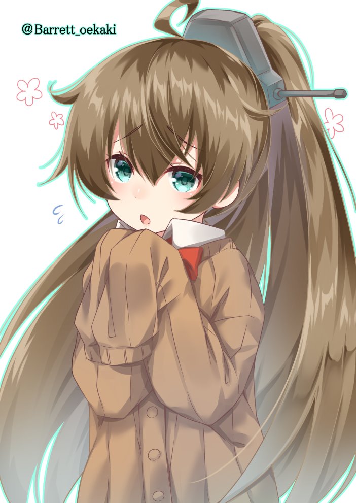 1girl :o ahoge aqua_eyes bangs baretto_(firearms_1) blush bow bowtie brown_hair cardigan eyebrows_visible_through_hair flower hair_between_eyes hands_together hands_up head_tilt kantai_collection kumano_(kantai_collection) long_hair looking_at_viewer open_mouth oversized_clothes ponytail red_neckwear simple_background sleeves_past_fingers sleeves_past_wrists solo twitter_username white_background younger