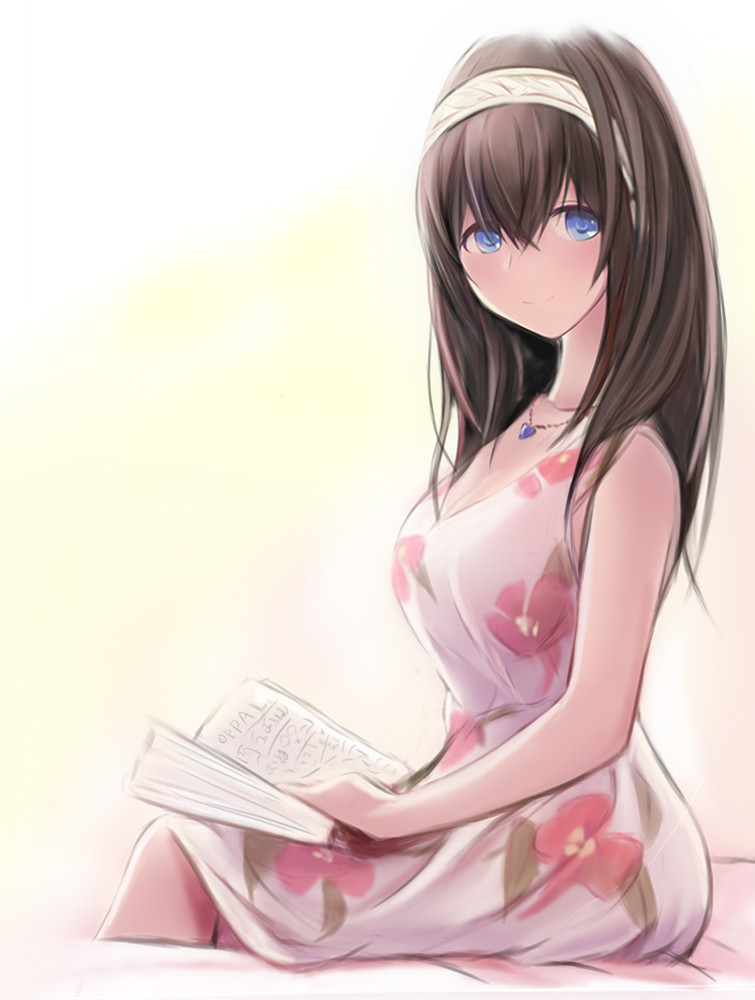 1girl bangs bare_arms black_hair blue_eyes blush book breasts dress floral_print hair_between_eyes hair_over_shoulder hairband idolmaster idolmaster_cinderella_girls jewelry long_hair looking_to_the_side medium_breasts nannacy7 necklace open_book sagisawa_fumika simple_background sitting sleeveless sleeveless_dress smile solo white_background white_dress