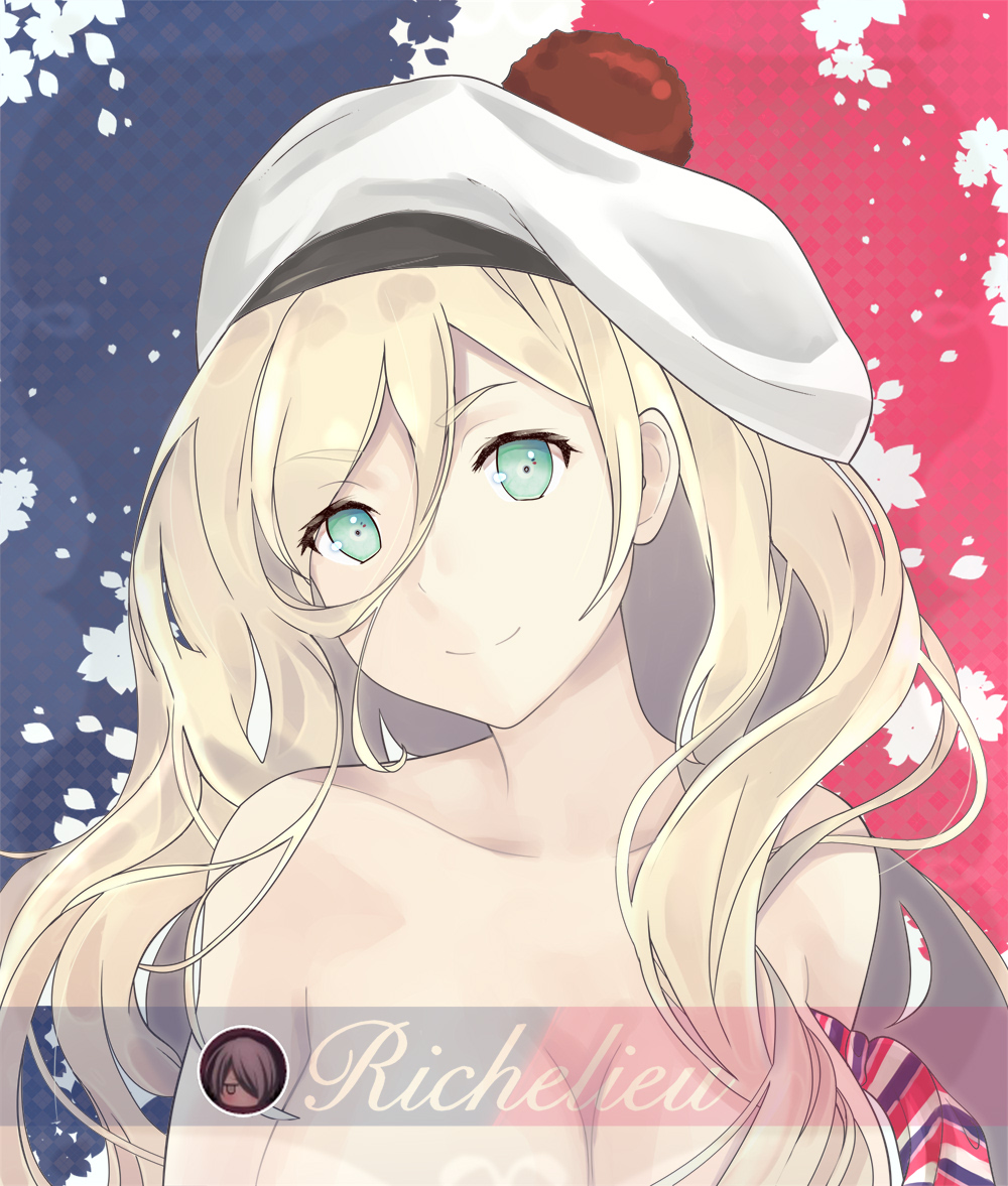 1girl blonde_hair blue_eyes breasts cake_no_shaberu hair_between_eyes hat kantai_collection large_breasts long_hair looking_at_viewer richelieu_(kantai_collection) smile solo