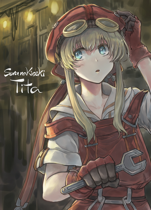 1girl adjusting_headwear aqua_eyes black_gloves blonde_hair character_name copyright_name eiyuu_densetsu gloves goggles goggles_on_headwear hat irise_ryouji looking_back medium_hair overalls parted_lips red_gloves red_headwear shirt short_sleeves sidelocks solo sora_no_kiseki tita_russell two-tone_gloves upper_body wrench