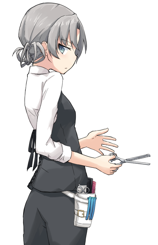 1girl belt black_pants black_vest closed_mouth commentary cowboy_shot dress_shirt from_behind frown grey_eyes half-closed_eyes holding holding_scissors holster kakizaki_(chou_neji) kantai_collection looking_at_viewer looking_back nowaki_(kantai_collection) pants scissors shirt short_hair silver_hair simple_background solo standing tied_hair vest white_background white_belt white_shirt