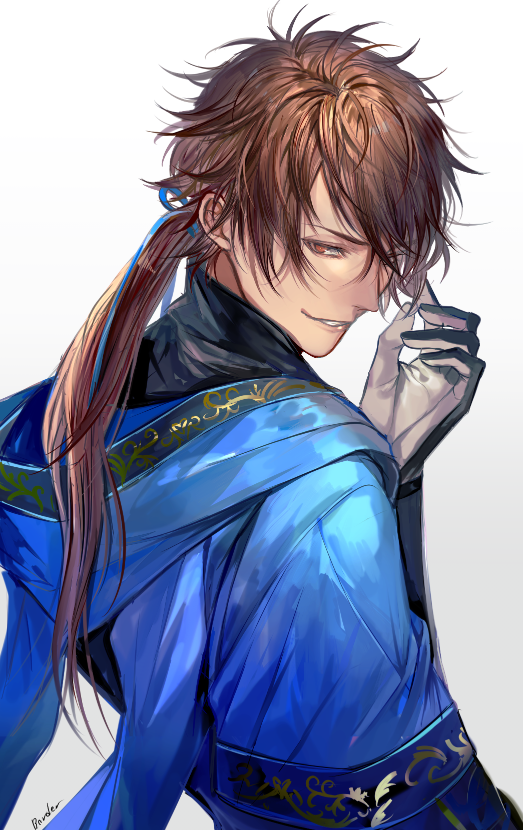 1boy animal_hood bangs blue_ribbon blue_theme border0715 brown_hair character_request eyelashes from_behind gloves grin hair_over_one_eye hair_ribbon highres hood hood_down long_hair looking_back low_ponytail male_focus ponytail red_eyes ribbon sangoku_musou simple_background smile solo swept_bangs white_background