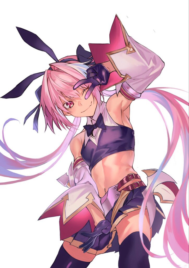 1boy alternate_legwear astolfo_(fate) astolfo_(saber)_(fate) bangs bare_shoulders belt black_bow black_gloves black_legwear black_neckwear black_ribbon black_shirt black_skirt blush bow bowtie closed_mouth crop_top fang fate/grand_order fate_(series) faulds gloves hair_between_eyes hair_bow hair_intakes hair_ribbon long_hair long_sleeves looking_at_viewer low_twintails midriff multicolored_hair navel one_eye_closed otoko_no_ko pink_hair pleated_skirt ribbon shirt simple_background skirt smile solo streaked_hair thigh-highs twintails user_hysd4435 v violet_eyes white_background white_hair wide_sleeves wing_collar