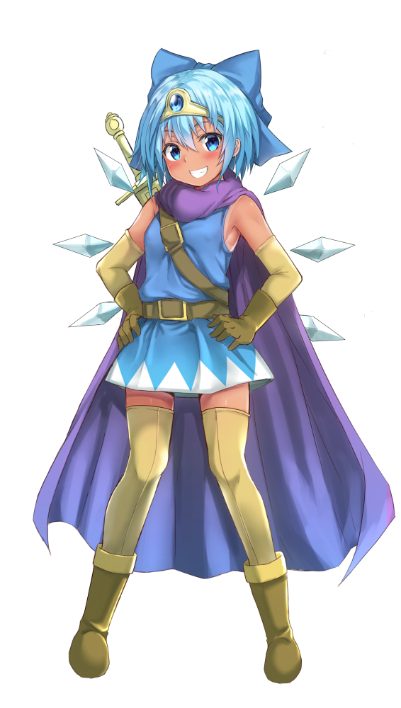 1girl adapted_costume bangs bare_shoulders beige_legwear belt blue_bow blue_dress blue_eyes blue_hair blush boots bow breasts brown_belt brown_footwear brown_gloves cape circlet cirno commentary_request dragon_quest dress ebi_193 elbow_gloves full_body gloves grin hair_between_eyes hair_bow ice ice_wings looking_at_viewer purple_cape short_dress short_hair simple_background sleeveless sleeveless_dress small_breasts smile solo standing sword tan thigh-highs thighs touhou weapon weapon_on_back white_background wings zettai_ryouiki