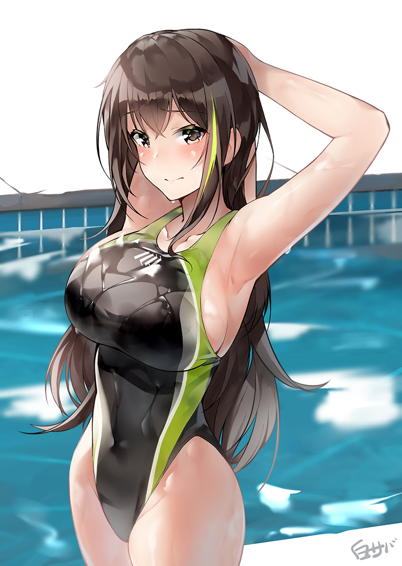 1girl alternate_costume armpits arms_behind_head black_eyes black_hair black_swimsuit breasts commentary_request competition_swimsuit cowboy_shot girls_frontline green_hair highleg highleg_swimsuit large_breasts long_hair m4a1_(girls_frontline) multicolored_hair one-piece_swimsuit pool shiny shiny_clothes shirosaba smile solo standing streaked_hair swimsuit water