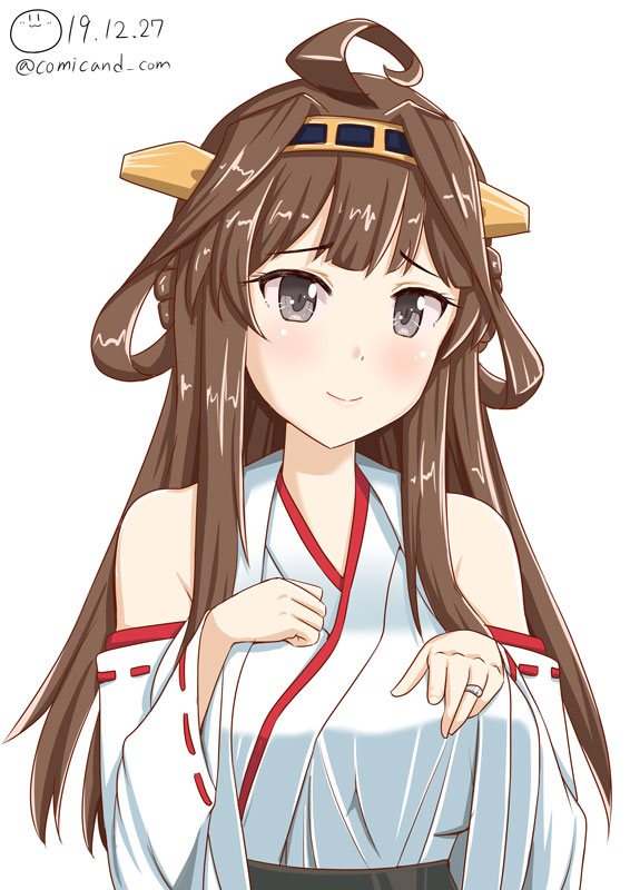 1girl ahoge blush braid braided_bun brown_hair comicand_com commentary_request dated detached_sleeves double_bun eyebrows_visible_through_hair grey_eyes hairband hand_on_own_chest headgear japanese_clothes jewelry kantai_collection kongou_(kantai_collection) long_hair nontraditional_miko ribbon-trimmed_sleeves ribbon_trim ring simple_background smile solo twitter_username wedding_band white_background