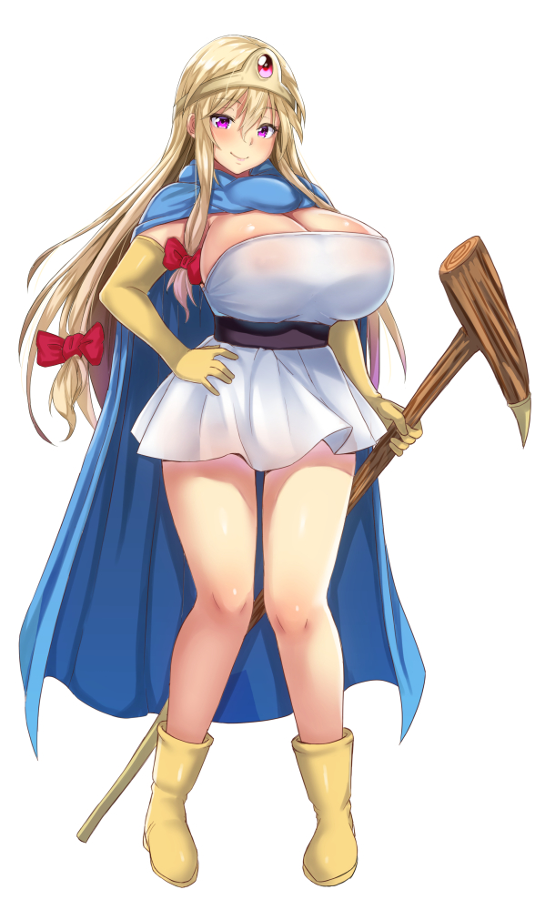 1girl bangs bare_legs black_sash blonde_hair blue_cape blush boots bow breasts cape circlet commentary_request cosplay dragon_quest dragon_quest_iii dress ebi_193 elbow_gloves eyebrows_visible_through_hair full_body gloves hair_between_eyes hair_bow hand_on_hip holding holding_staff huge_breasts long_hair looking_at_viewer red_bow sage_(dq3) sage_(dq3)_(cosplay) sash short_dress sidelocks simple_background smile solo staff standing strapless strapless_dress thighs touhou violet_eyes white_background white_dress yakumo_yukari yellow_footwear yellow_gloves