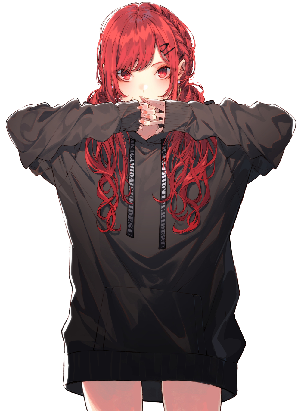 1girl bangs black_hoodie braid clothes_writing covering_mouth cowboy_shot drawstring earrings flat_chest french_braid hair_ornament hair_over_shoulder hairclip hand_over_own_mouth highres jewelry kuwashima_rein long_hair looking_at_viewer no_pants original own_hands_together red_eyes red_nails redhead simple_background single_braid sleeves_past_wrists solo swept_bangs twintails white_background