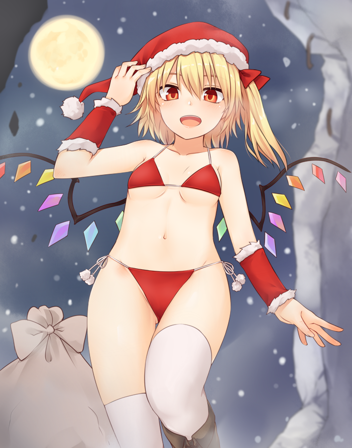 1girl :d bangs bare_shoulders bikini blonde_hair blush boots bow breasts brown_footwear commentary_request cowboy_shot crystal flandre_scarlet full_moon hair_bow hand_up hat looking_at_viewer miyo_(ranthath) moon navel night night_sky one_side_up open_mouth pom_pom_(clothes) red_bikini red_bow red_eyes red_headwear sack santa_bikini santa_hat short_hair side-tie_bikini sky small_breasts smile snowing solo standing stomach swimsuit thigh-highs thighs touhou white_legwear wings wrist_cuffs