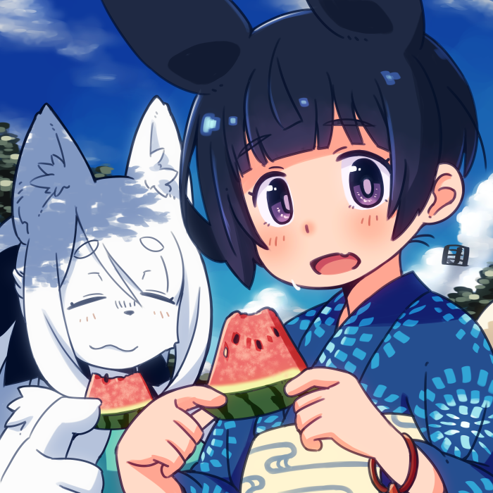 1girl animal animal_ears blush closed_eyes fang food fruit furry holding holding_food japanese_clothes kimono mawaru_(mawaru) original outdoors sash short_hair skin_fang violet_eyes watermelon