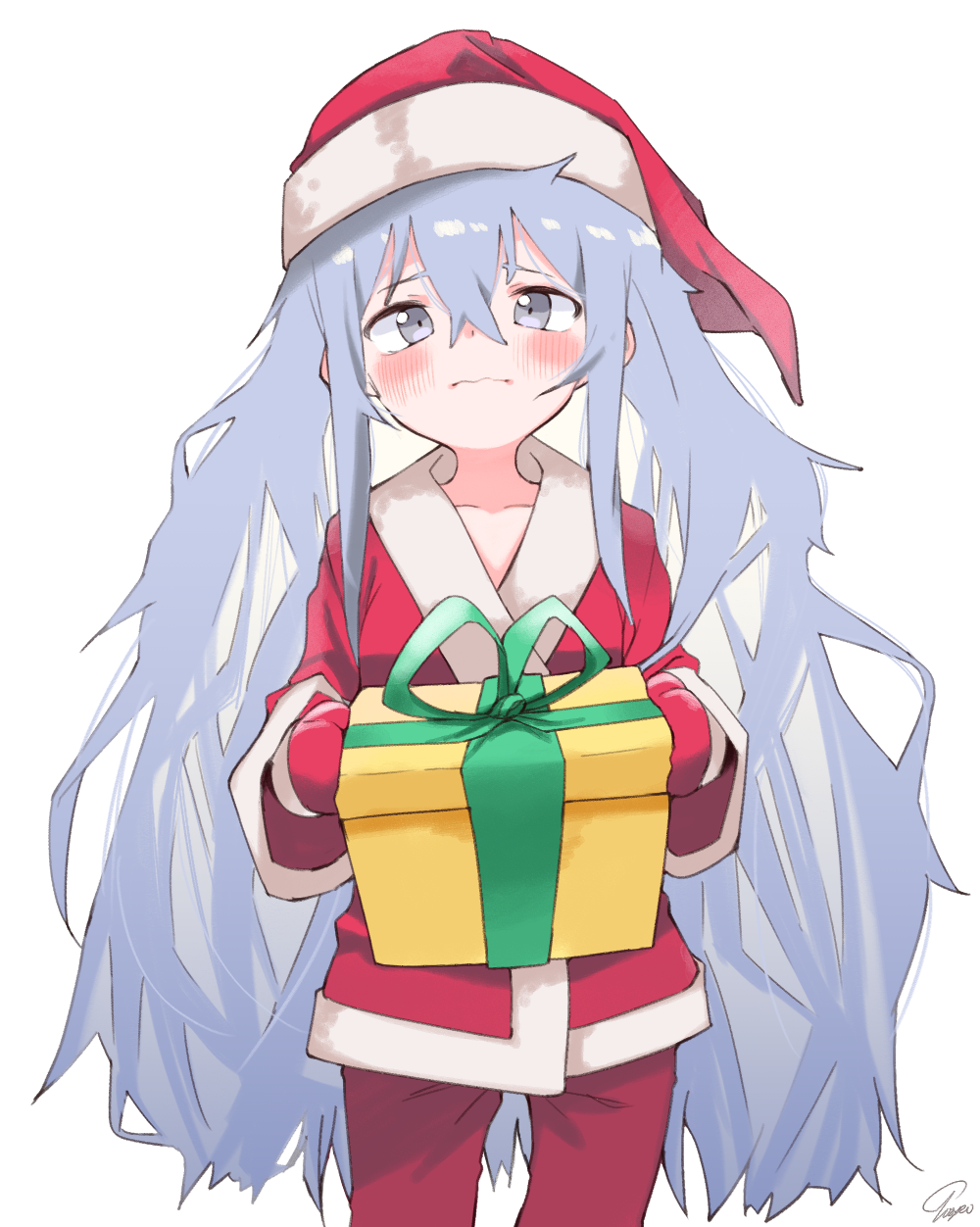 1girl blush box closed_mouth commentary g11_(girls_frontline) gift gift_box girls_frontline grey_eyes grey_hair hat highres holding holding_gift jacket long_sleeves mittens pants red_headwear red_jacket red_mittens red_pants santa_costume santa_hat signature simple_background solo tosyeo twintails wavy_mouth white_background wide_sleeves