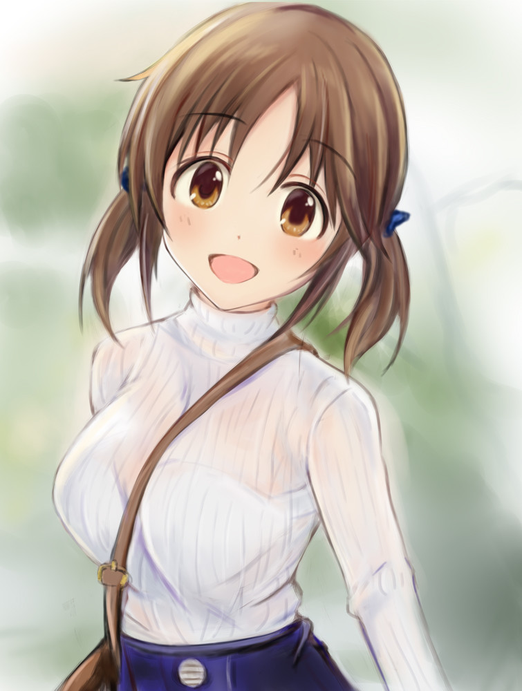 1girl :d bangs between_breasts blue_bow blurry blurry_background blush bow bra bralines breasts brown_eyes brown_hair eyebrows_visible_through_hair hair_bow idolmaster idolmaster_cinderella_girls large_breasts long_sleeves looking_at_viewer medium_hair nannacy7 open_mouth parted_bangs ribbed_shirt ribbed_sleeves see-through shirt smile solo strap_between_breasts totoki_airi turtleneck turtleneck_sweater twintails underwear upper_body white_shirt