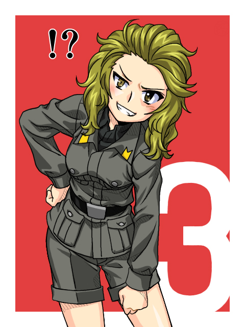!? 1girl adapted_uniform anzio_military_uniform belt black_belt black_shirt brown_eyes brown_hair commentary_request dress_shirt girls_und_panzer grey_jacket grey_shorts grin hair_slicked_back hand_on_hip jacket leaning_to_the_side long_sleeves looking_at_viewer medium_hair military military_uniform number oosaka_kanagawa panettone_(girls_und_panzer) red_background sharp_teeth shirt shorts smile solo standing teeth uniform wing_collar