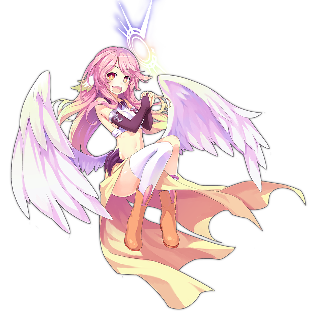 1girl angel_wings breasts bridal_gauntlets crop_top cross drooling feathered_wings full_body gradient_eyes gradient_hair halo happy jibril_(no_game_no_life) large_breasts long_hair low_wings magic_circle midriff mismatched_legwear multicolored multicolored_eyes multicolored_hair navel neps-l no_game_no_life open_mouth orange_eyes pink_hair sideboob smile solo symbol-shaped_pupils transparent_background very_long_hair white_wings wing_ears wings yellow_eyes