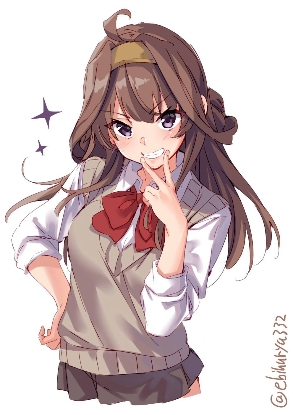 1girl ahoge alternate_costume blush brown_hair double_bun ebifurya grey_skirt grey_vest grin hairband highres kantai_collection kongou_(kantai_collection) long_hair pleated_skirt school_uniform shirt simple_background skirt smile solo twitter_username v vest violet_eyes white_background white_shirt