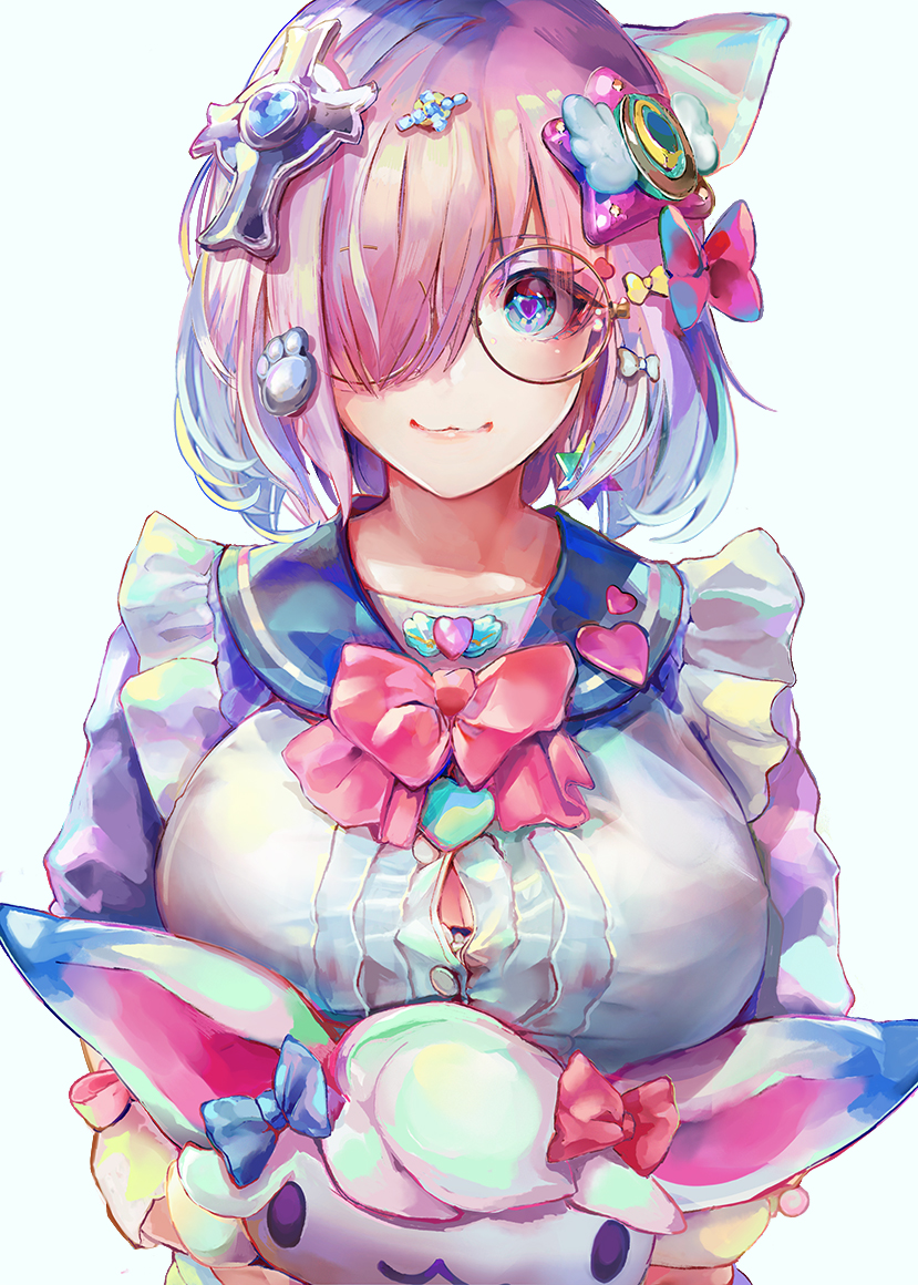 1girl :3 adapted_costume blue_bow blue_eyes bow bowtie bra bra_peek breast_press breasts bursting_breasts center_frills character_doll closed_mouth cross_hair_ornament eyelashes fate/grand_order fate_(series) fou_(fate/grand_order) hair_bow hair_ornament hair_over_one_eye heart heart-shaped_pupils large_breasts looking_at_viewer mash_kyrielight one_eye_covered paw_hair_ornament pink_bow purple_hair sailor_collar short_hair simple_background smile solo star stuffed_toy symbol-shaped_pupils symbol_in_eye tocope underwear upper_body